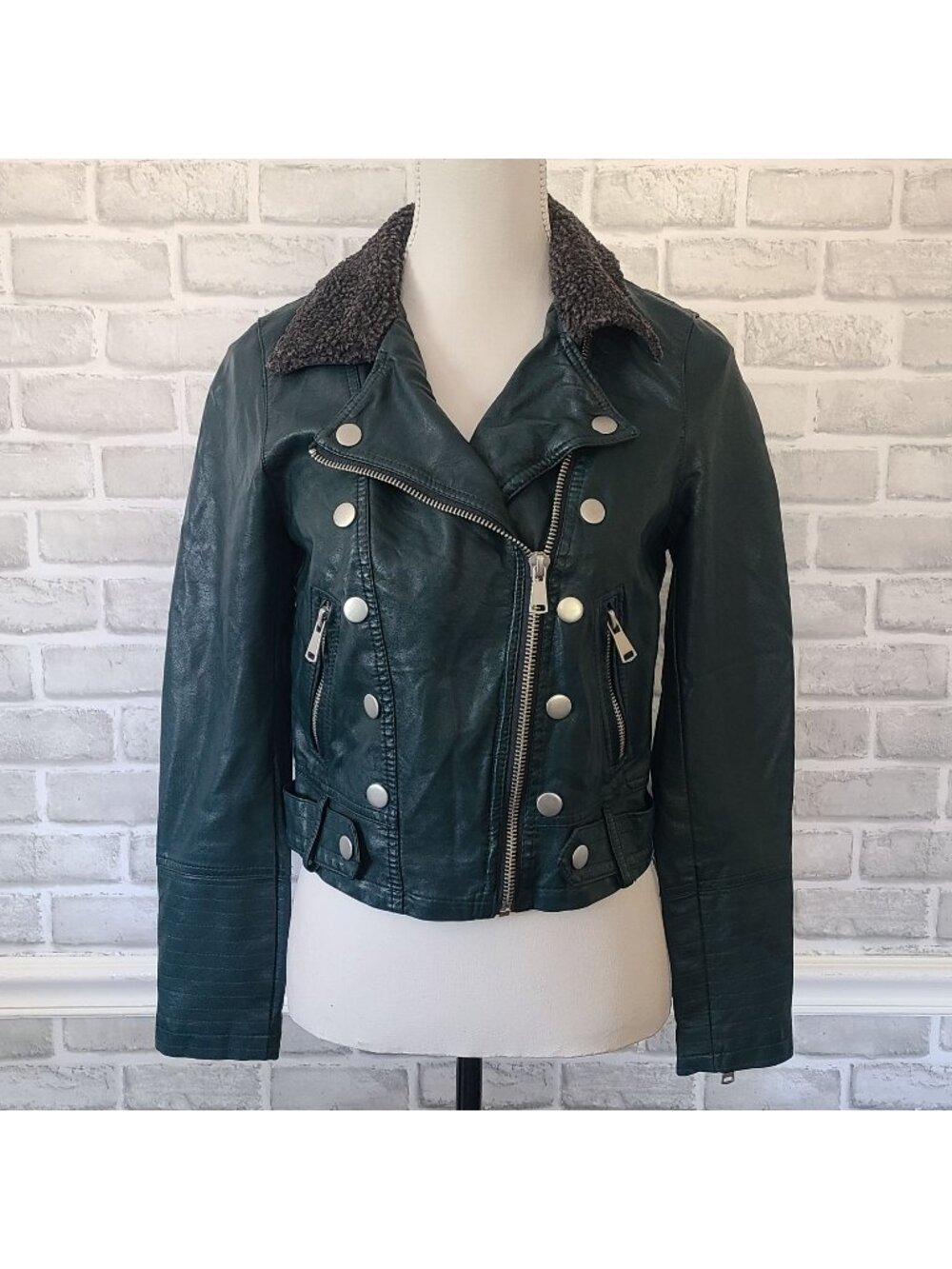 Vintage Jolt Faux Leather Moto Jacket Teal Sherpa Collar Y2K Biker Rocker Small